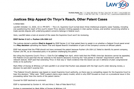Law 360 I Justices Skip Appeal on Thryv’s Reach, Other Patent Cases